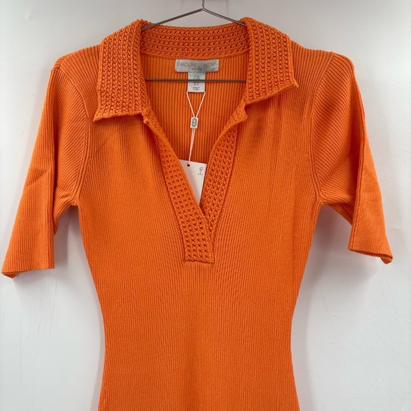 Caroline Constas Orange Ribbed Crochet Collar Midi Bodycon Dress Size Medium - Picture 2 of 8